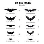 12/24pcs Halloween New Night Light Bat PET Stereoscopic Bat Festival Party Decoration LED Night Light Wall Decal