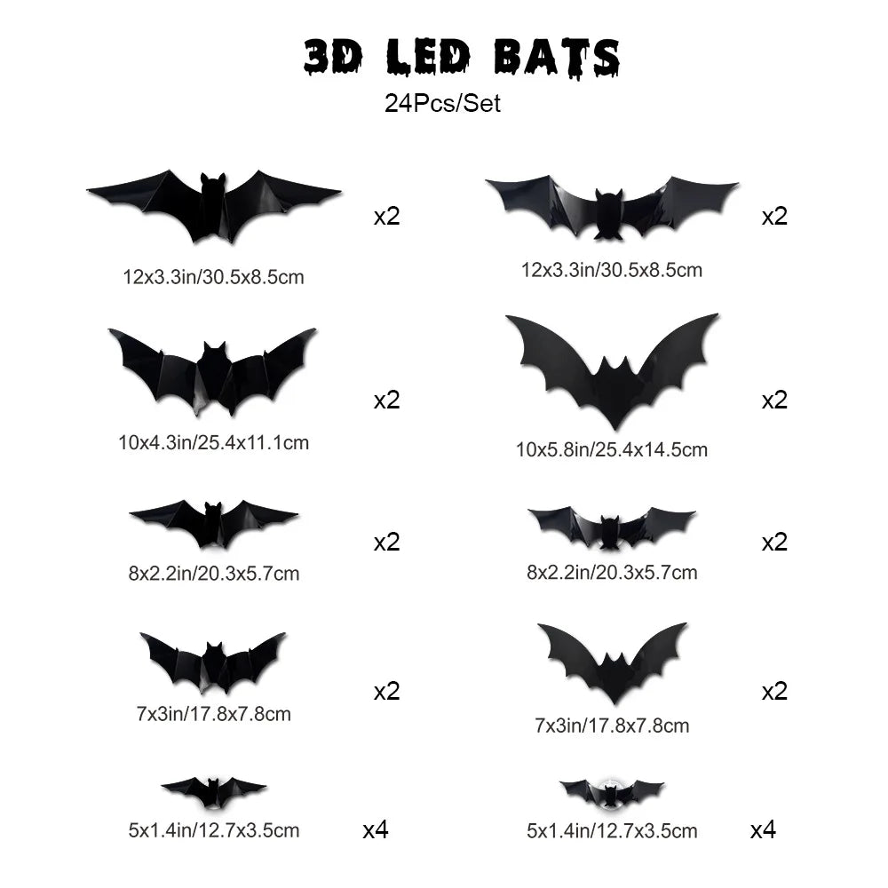 12/24pcs Halloween New Night Light Bat PET Stereoscopic Bat Festival Party Decoration LED Night Light Wall Decal