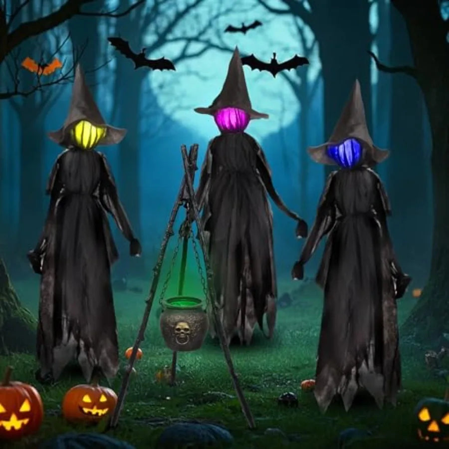 Hallomart 6 Ft Light up Witch Stakes Halloween Yard Decorations Set of 3 Scary Witches with Multiple Colors LED Lights Haunted Ho