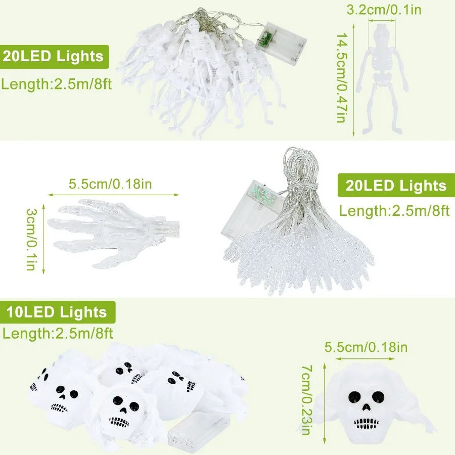 3Pcs Halloween Light Drations Total 50 LEDs 24ft Halloween String Lights Colorful 3D Skeleton Ghost String Lights Gauze Skull S