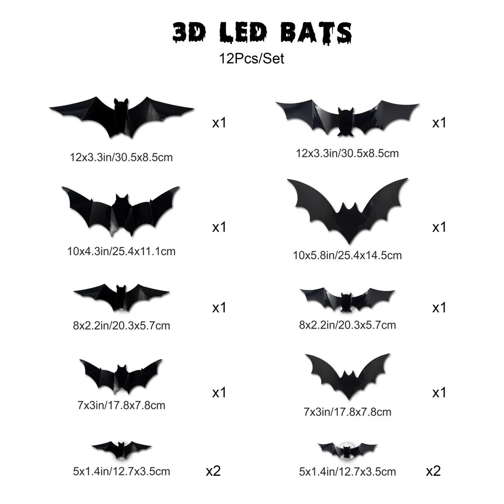 12/24pcs Halloween New Night Light Bat PET Stereoscopic Bat Festival Party Decoration LED Night Light Wall Decal
