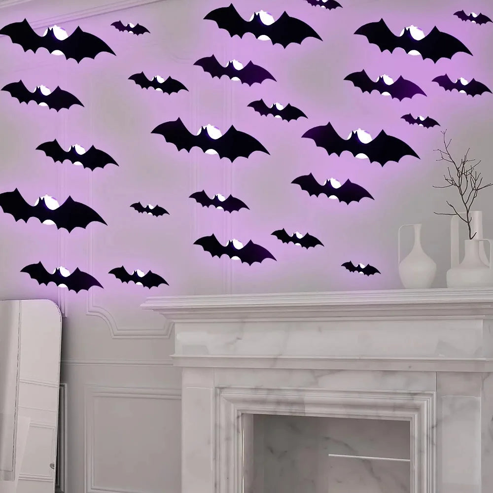 12/24pcs Halloween New Night Light Bat PET Stereoscopic Bat Festival Party Decoration LED Night Light Wall Decal
