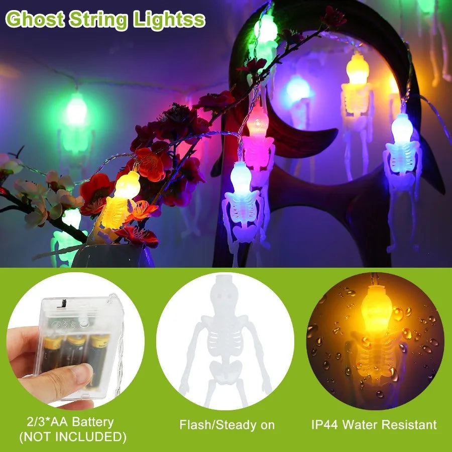 3Pcs Halloween Light Drations Total 50 LEDs 24ft Halloween String Lights Colorful 3D Skeleton Ghost String Lights Gauze Skull S