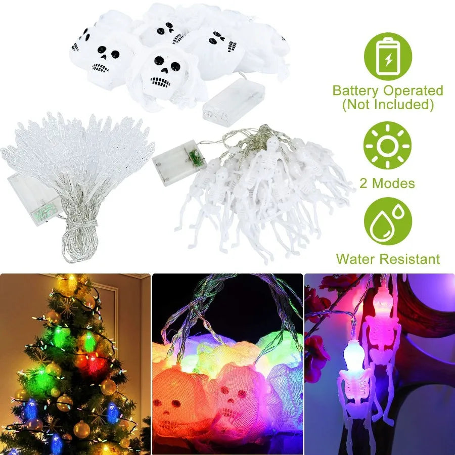3Pcs Halloween Light Drations Total 50 LEDs 24ft Halloween String Lights Colorful 3D Skeleton Ghost String Lights Gauze Skull S