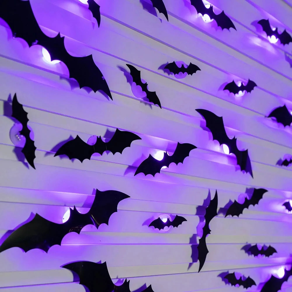 12/24pcs Halloween New Night Light Bat PET Stereoscopic Bat Festival Party Decoration LED Night Light Wall Decal