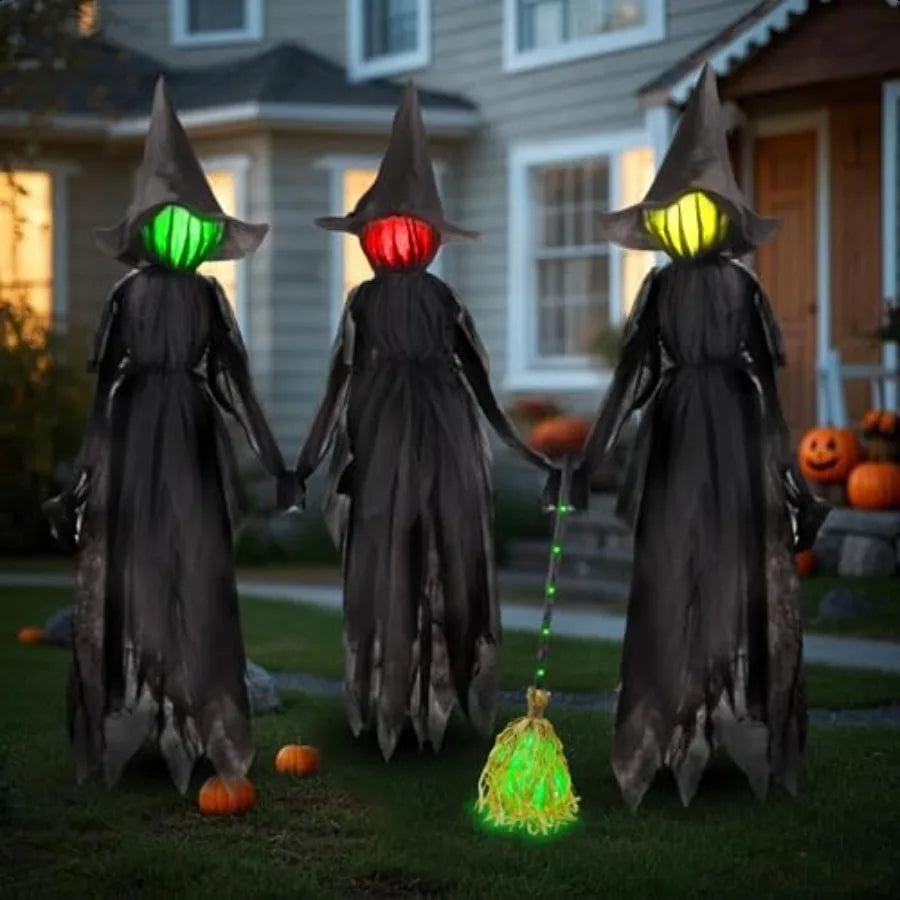 Hallomart 6 Ft Light up Witch Stakes Halloween Yard Decorations Set of 3 Scary Witches with Multiple Colors LED Lights Haunted Ho