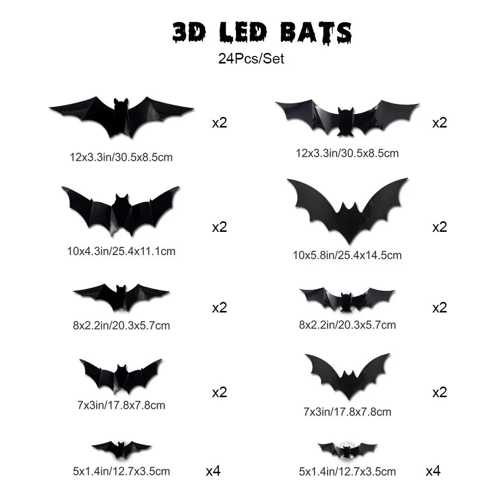 12/24pcs Halloween New Night Light Bat PET Stereoscopic Bat Festival Party Decoration LED Night Light Wall Decal