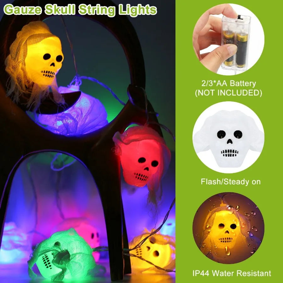 3Pcs Halloween Light Drations Total 50 LEDs 24ft Halloween String Lights Colorful 3D Skeleton Ghost String Lights Gauze Skull S